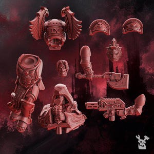 May include: A collection of unpainted red resin miniature parts including a winged jump pack with the Roman numeral IX, a torso with heart detailing, two shoulder pads, two heads, a hooded figure holding a sword, an axe, and a firearm.