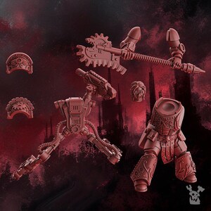 May include: A set of unpainted dark red miniature plastic model parts including a torso with ornate leg armor, a separate torso piece with mechanical tubing, a head, two shoulder pauldrons, and a long weapon with a serrated blade and handle.
