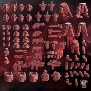May include: A collection of unpainted dark red miniature plastic model parts including various helmet designs, torso pieces, leg assemblies, shoulder pads, weapon components, and hand gestures arranged in a grid for assembly of sci-fi figures.