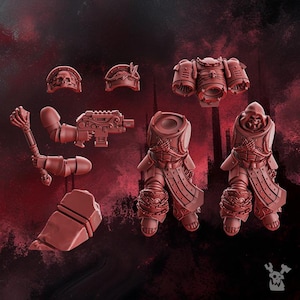 May include: A set of unpainted dark red miniature plastic model parts including two armored torsos with legs, a jump pack, two shoulder pads, a bolter weapon, and a mace. The components feature intricate sculpted details like skulls and chains.