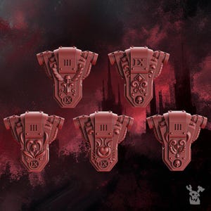 May include: Five dark red miniature armor torso components featuring mechanical details, vertical straps, and embossed Roman numerals III and IX. Each piece displays unique relief carvings including skulls, hearts, and geometric shapes on the front.
