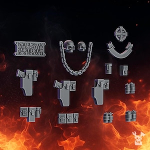 May include: A collection of grey miniature plastic accessories including a rectangular plaque with the Latin text PATERNOSTER QUIESINCAELIS SANCTIFICETUR NOMENTUUM, two skulls connected by a chain, holsters, pouches, grenades, and a circular emblem.