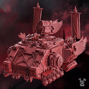 May include: A monochromatic dark red miniature tank model featuring a top-mounted missile launcher with wing-like side panels, two tall vertical banners at the rear, and side-mounted wings. The vehicle has a heavy armored chassis with skull emblems.