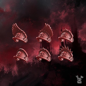 May include: Six dark red miniature shoulder pads featuring sculpted skull motifs and the Roman numeral IX. The designs include variations with feathered crests, spiked crowns, and laurel wreaths, all cast in a matte finish for tabletop gaming figures.
