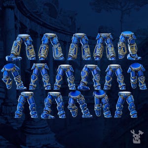 May include: A collection of seventeen miniature blue armored leg components for tabletop gaming figures. Each piece features intricate gold trim, decorative filigree, and embossed skull emblems on the greaves, arranged in three rows against a dark background.