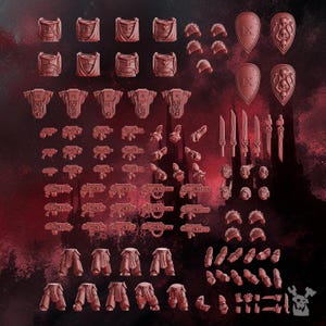 May include: A collection of miniature resin components for tabletop gaming, including torso pieces, shoulder pads, shields with Roman numeral IX and skull motifs, various bladed weapons, firearms, helmets, and leg assemblies in a dark red color.