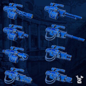 May include: A collection of eight blue miniature weapon attachments for tabletop gaming figures. Each piece features intricate mechanical details, including barrels, ammunition drums, and cabling, with some designs incorporating small skull motifs.