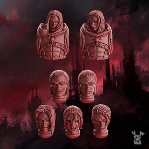 May include: Two miniature torso figures and five distinct miniature heads in a reddish-brown resin. The torsos feature sculpted armor with skull detailing. The heads display various hairstyles, facial expressions, and features, including fangs.