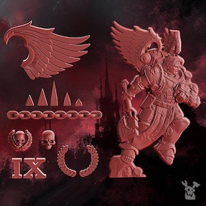 May include: A dark red resin miniature kit featuring a winged warrior figure in ornate armor, a separate large wing, a chain link, five triangular spikes, two skulls, a laurel wreath, and the Roman numeral IX, all presented as unpainted components.