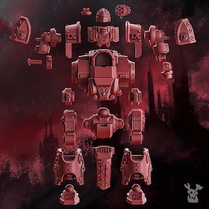 Könnte beinhalten: Ein Set aus unbemalten, roten Resin-Miniaturteilen für einen Sci-Fi-Kampfroboter. Das Set enthält einen Torso, einen Kopf, Schulterpanzer mit römischer Ziffer IX, Armsegmente, Beinschienen und Waffenteile, die in einer Explosionsansicht liegen.