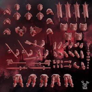 May include: A collection of unpainted dark red miniature plastic model parts including helmets, shoulder pads, torso pieces, leg assemblies, banners, and various weapon arms featuring swords and axes, arranged in a grid for assembly.