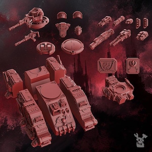 May include: A collection of unpainted red resin miniature model parts for a sci-fi tank and soldier. The set includes a main hull, side panels, various weapon attachments, shoulder pads, a helmet, and decorative plaques featuring skull motifs.