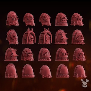 May include: A collection of twenty dark red miniature shoulder pads arranged in a grid. Each piece features distinct molded details including skulls, scrolls, pentagrams, and architectural arches, all designed for tabletop gaming figures.