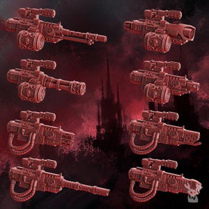 May include: A collection of eight miniature red sci-fi heavy weapons, each featuring a drum magazine with a skull emblem, a top-mounted scope, and the Roman numeral IX embossed on the side, displayed in a grid against a dark red background.