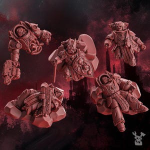 May include: A set of five unpainted red resin miniature figures depicting armored warriors in various poses. Each figure wears detailed power armor with skull motifs, carrying heavy weaponry or shields, and some are positioned on rocky terrain bases.