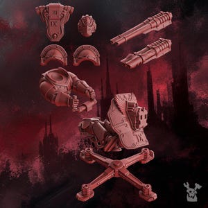 May include: A set of unpainted red resin miniature model parts including a torso, a helmet, two shoulder pads, two long barrel weapons, and a base with a mounted shield component. The pieces feature intricate scrollwork and Roman numeral IX details.