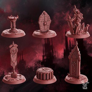 May include: A collection of six miniature terrain pieces in a monochromatic reddish-brown tone. The set includes a circular pedestal, a tombstone with a winged skull, a chained figure, a tall banner, a cylindrical base, and a pointed stone monument.