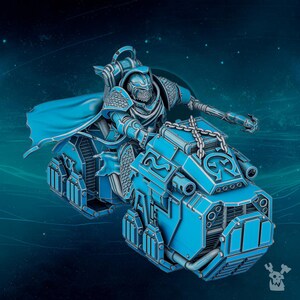 May include: A miniature figurine of a warrior in ornate armor and a flowing cape, riding a heavy, futuristic motorcycle. The vehicle features metallic blue plating, integrated weaponry, and decorative chains draped across the front hood section.