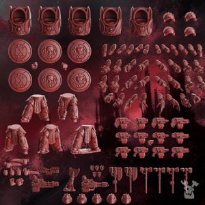 May include: A collection of unpainted dark red miniature plastic parts for sci-fi gaming figures, including torso pieces, circular shoulder pads with embossed symbols, leg assemblies, various weapon options, and small hand components for assembly.