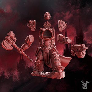 May include: A red unpainted resin miniature kit of a futuristic armored warrior. The set includes a torso with a cape, a helmeted head, two shoulder pauldrons, a right arm holding a large power axe, and a left arm equipped with a heavy firearm.