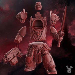 May include: A dark red resin miniature kit of a futuristic armored warrior. The set includes a torso with a chalice emblem, a helmet, two shoulder pauldrons, two arms, one holding a sword, a bolt-style pistol, and armored legs with laurel motifs.