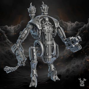 May include: A grey mechanical humanoid figure featuring a central torso with vertical metal plating, rivets, and a fleur-de-lis emblem. It has two flaming braziers on its shoulders, articulated limbs, and carries a large firearm and a chain weapon.