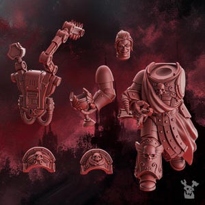 May include: A set of unpainted red resin miniature parts including a torso with a skull emblem, a head, a backpack with a mechanical arm, two shoulder pads with skull motifs, and an arm holding a chalice, all featuring intricate armor details.
