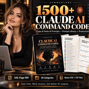 May include: A digital product bundle titled 1500+ Claude AI Command Codes featuring a 545-page PDF, 20 categories of prompts, and bonus CSV and TXT files. The display includes a tablet showing the cover art, a laptop, and a printed list of categories.