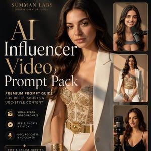 Puede incluir: Gráfico promocional para "AI Influencer Video Prompt Pack" con una mujer con un top bordado en oro y blazer blanco. El gráfico incluye texto sobre indicaciones de vídeo para reels, shorts y contenido estilo UGC, con un icono de "Descarga digital".