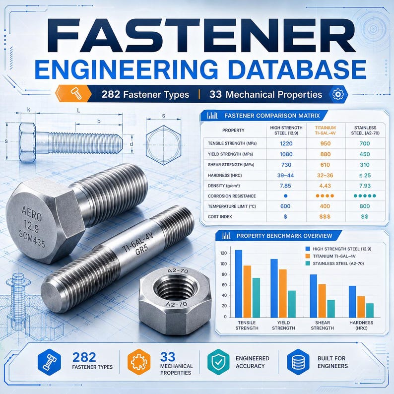 May include: A Fastener Engineering Database infographic featuring a bolt labeled 12.9 SCM435, a threaded rod labeled TI-6AL-4V GR5, and a nut labeled A2-70. It includes a comparison matrix and a bar chart showing mechanical properties for steel and titanium.