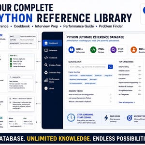 May include: A digital interface titled Your Complete Python Reference Library, featuring a dashboard with sections for Reference, Cookbook, Interview Prep, Performance Guide, and Problem Finder, displaying code snippets, search bars, and icons.