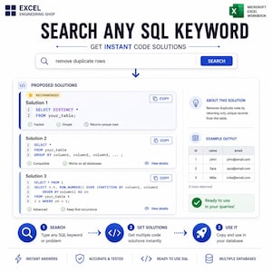 May include: A digital interface for an Excel Engineering Shop tool displaying SQL code solutions. The layout features a search bar with the text remove duplicate rows, three distinct SQL code blocks, an example output table, and a three-step guide.