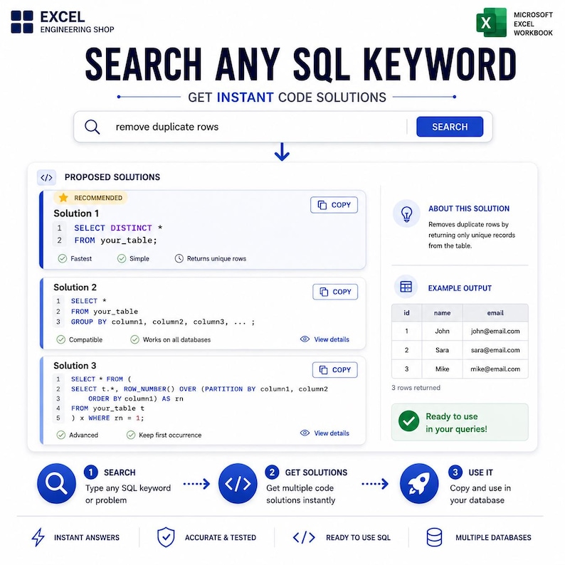 May include: A digital interface for an Excel Engineering Shop tool displaying SQL code solutions. The layout features a search bar with the text remove duplicate rows, three distinct SQL code blocks, an example output table, and a three-step guide.