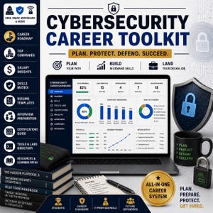 May include: A cybersecurity career toolkit infographic featuring a laptop displaying a career dashboard, a stack of technical books, a black mug with text, a padlock, a shield icon, a notepad with a pen, and a gold badge labeled All-In-One Career System.