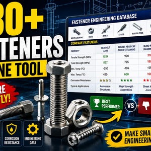May include: A digital tool interface titled Fastener Engineering Database displaying a comparison chart for various metal fasteners including bolts, nuts, and rivets. The graphic features large yellow text stating 280+ Fasteners In One Tool.
