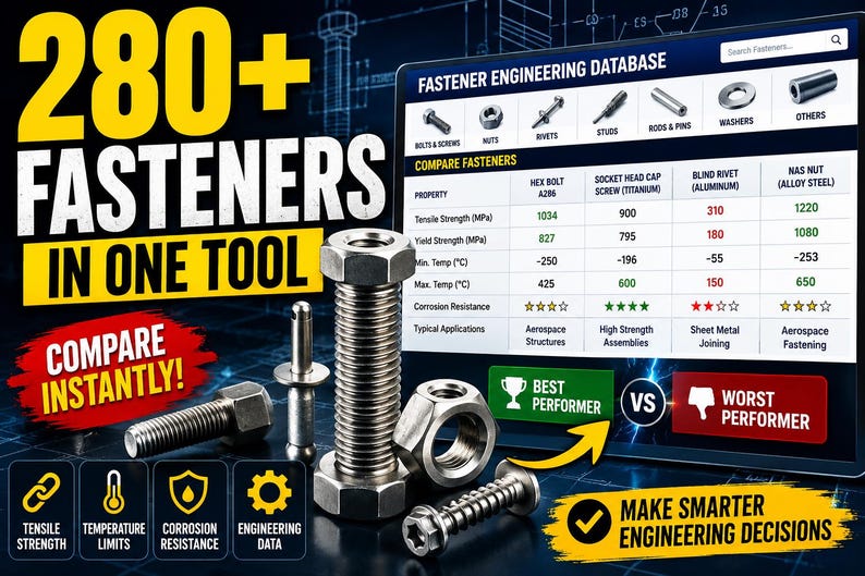 May include: A digital tool interface titled Fastener Engineering Database displaying a comparison chart for various metal fasteners including bolts, nuts, and rivets. The graphic features large yellow text stating 280+ Fasteners In One Tool.