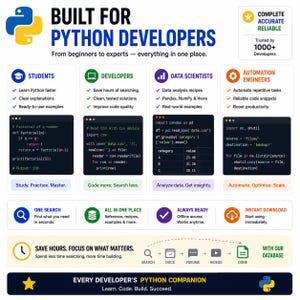 May include: An infographic titled BUILT FOR PYTHON DEVELOPERS featuring the Python logo. It outlines resources for students, developers, data scientists, and automation engineers with code snippets, feature lists, and a workflow diagram for developers.