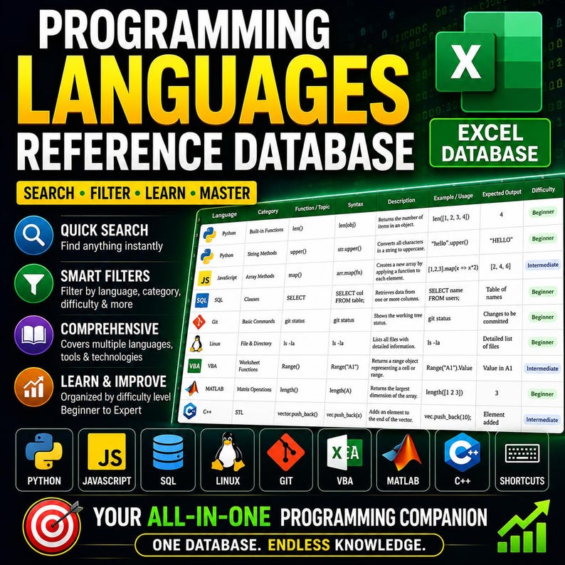 Product cover for a Programming Language Reference Database in Excel. Features a dark background with bold yellow text, an angled preview of a structured spreadsheet, an Excel logo badge, and icons for Python, JavaScript, SQL, Linux, Git, VBA, MATLAB, and C++.