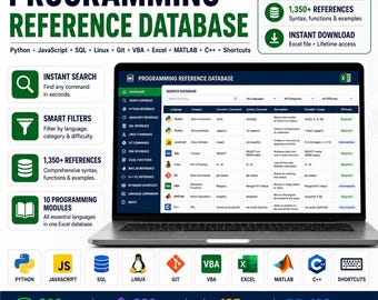 Programming Languages Reference Database Excel | Python JavaScript SQL Linux VBA MATLAB C++ Cheat Sheet & Syntax Guide