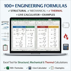 Puede incluir: Una pantalla de portátil que muestra una hoja de cálculo con más de 100 fórmulas de ingeniería para cálculos estructurales, mecánicos y térmicos. La interfaz incluye calculadoras en vivo y ejemplos, con iconos de cálculos técnicos.