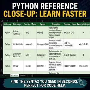 Close-up spreadsheet screenshot titled Python Reference Close-Up: Learn Faster. Displays clear columns for Category, Subcategory, Function, Syntax, Description, Example Usage, and Expected Output for functions like len(), append(), and get().
