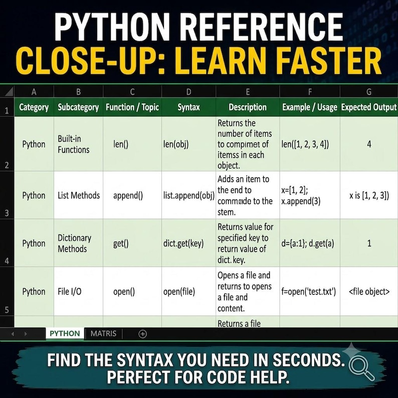 Close-up spreadsheet screenshot titled Python Reference Close-Up: Learn Faster. Displays clear columns for Category, Subcategory, Function, Syntax, Description, Example Usage, and Expected Output for functions like len(), append(), and get().