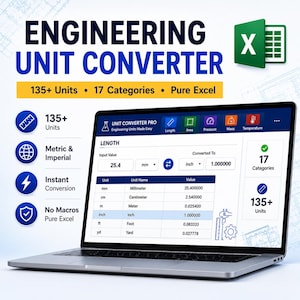 Peut inclure: Un ordinateur portable argenté affichant une feuille de calcul Excel de conversion d'unités d'ingénierie. L'écran présente un tableau de conversion de longueur avec 135+ unités, 17 catégories, et des options métriques et impériales. L'interface inclut des icônes pour la longueur, l'aire, la pression, la masse et la température.