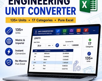 Outil Excel de conversion d'unités d'ingénierie | Calculateur métrique et impérial | Plus de 135 unités | Feuille de calcul pour le génie civil