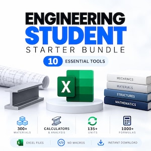 以下が含まれることがあります： Engineering Student Starter Bundle、10個の必須ツール。300以上の材料、計算機、135以上の単位、1000以上の数式が含まれています。Excelファイル、マクロなし、即時ダウンロード。テキスト：Engineering Student Starter Bundle。