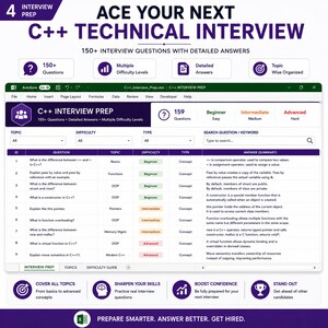May include: A digital spreadsheet titled C++ INTERVIEW PREP featuring 159 questions organised by topic, difficulty, and type. The interface includes columns for ID, question, topic, difficulty, type, and answer summary, with purple and white branding.