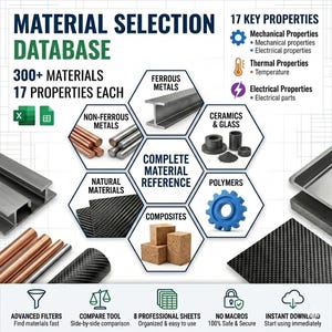 May include: A material selection database infographic featuring 300+ materials and 17 properties each. It displays hexagonal icons for ferrous metals, non-ferrous metals, ceramics, glass, polymers, natural materials, and composites with text labels.