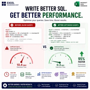 May include: An educational infographic titled WRITE BETTER SQL. GET BETTER PERFORMANCE. It compares a slow SQL query taking 10.4 seconds to an optimized query taking 0.3 seconds, showing a 95% performance improvement with code examples.