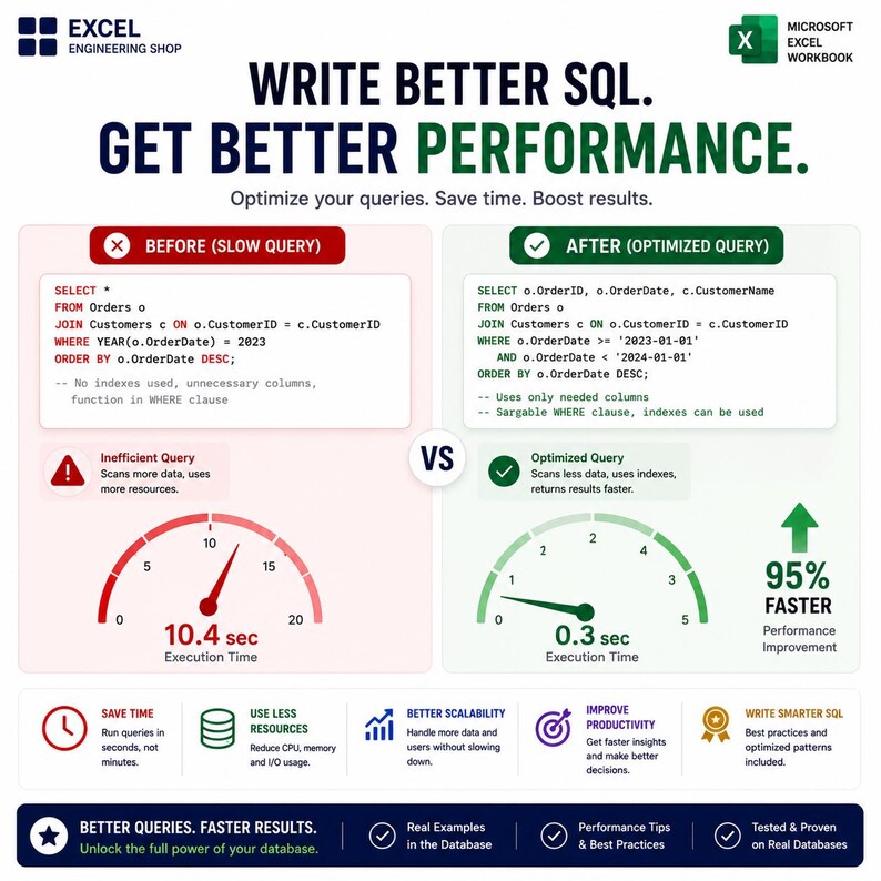 May include: An educational infographic titled WRITE BETTER SQL. GET BETTER PERFORMANCE. It compares a slow SQL query taking 10.4 seconds to an optimized query taking 0.3 seconds, showing a 95% performance improvement with code examples.