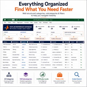 May include: A digital spreadsheet titled MATLAB Reference Database featuring columns for category, subcategory, function, description, syntax, example, difficulty, toolbox, and examples. The interface includes search filters and summary statistics.